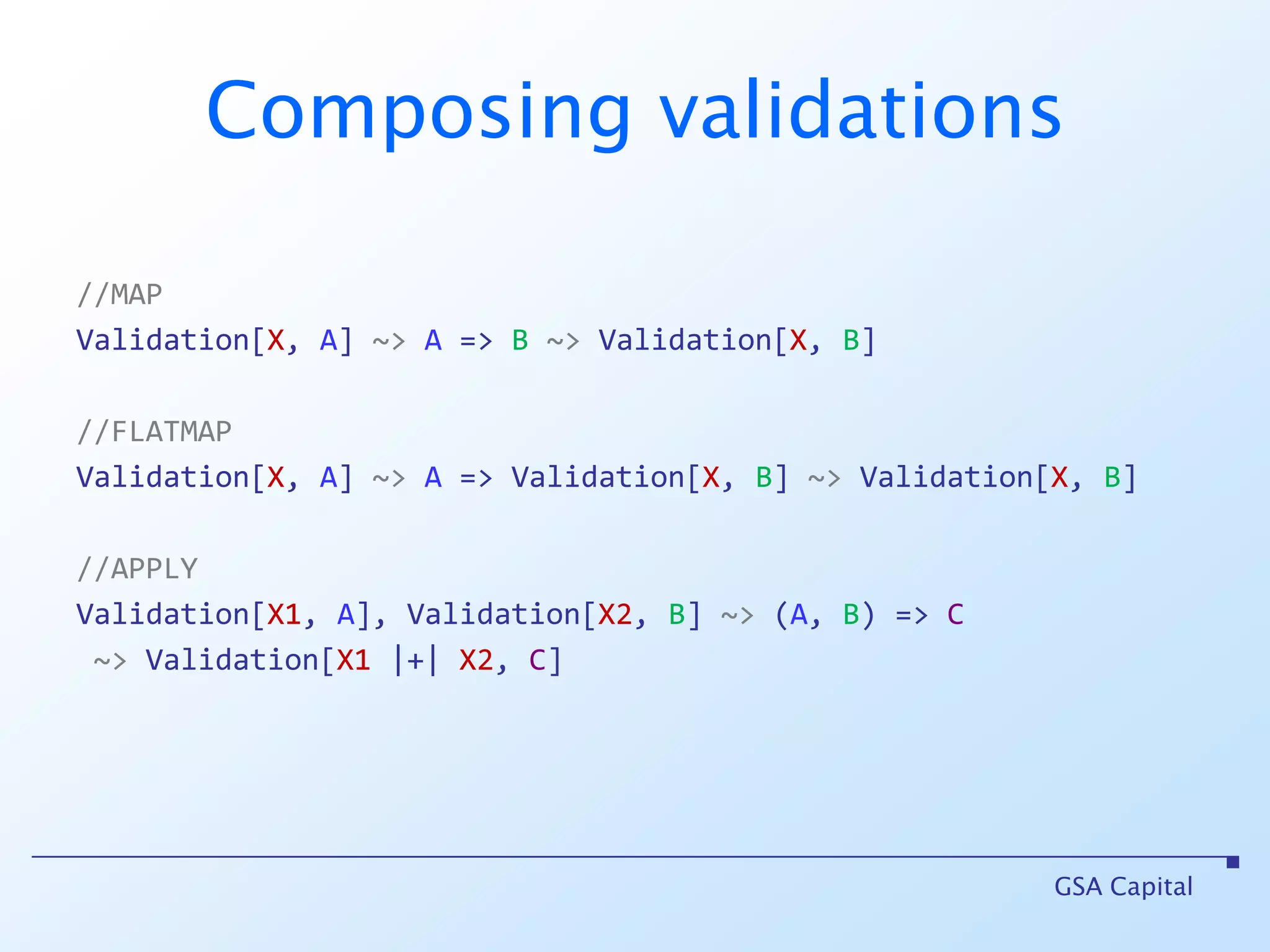 Aside: playing aroundscala> EndoTo(-(_ : Double))res0: scalaz.Endo[Double] scalaz.Endo@6754642scala> true?? res0 apply2.3res1: Double -2.3scala> false?? res0 apply2.3res2: Double 2.3scala> implicitly[Zero[Endo[Double]]] res3: scalaz.Endo[Double] scalaz.Endo@8ae765GSA Capital