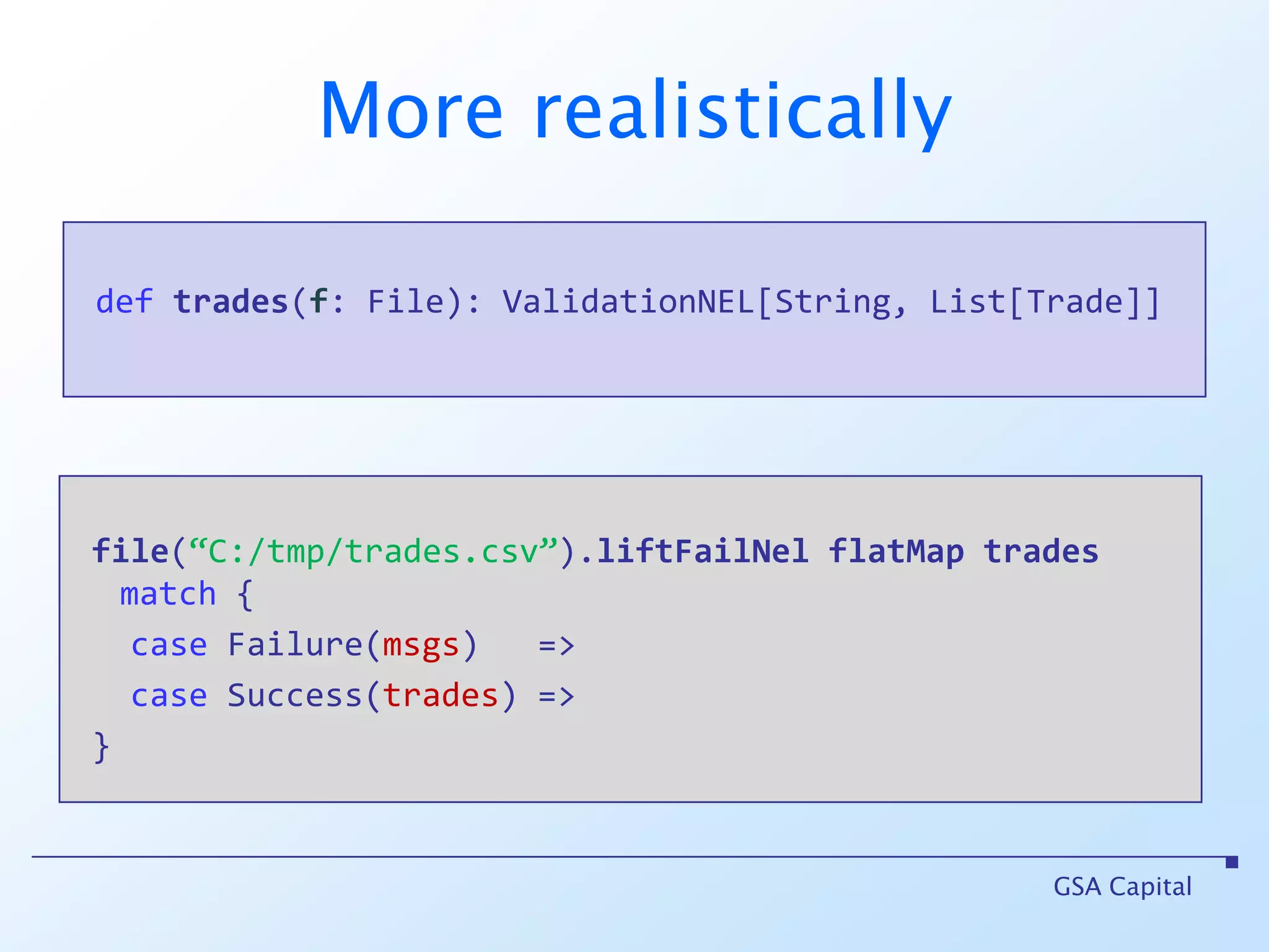 Composing validations//MAPValidation[X, A] ~>A => B~> Validation[X, B]//FLATMAPValidation[X, A] ~> A => Validation[X, B] ~> Validation[X, B]//APPLYValidation[X1, A], Validation[X2, B] ~> (A, B) => C~> Validation[X1 |+| X2, C]GSA Capital