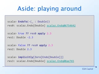 EndoAn Endo in scalaz is just a function:A => AIt’s a translation (e.g. negation)BooleanW plus Zero[Endo]“If this condition holds, apply this transformation”GSA Capital