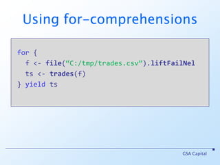 ValidationNELValidation[NonEmptyList[F], S] = ValidationNEL[F, S]scala> “Bah!”.failNel[Int]res1 : scalaz.Validation[NonEmptyList[String], Int]Failure(NonEmptyList(Bah!))scala> 1.successNel[String]res2 : scalaz.Validation[NonEmptyList[String], Int] Success(1)GSA Capital