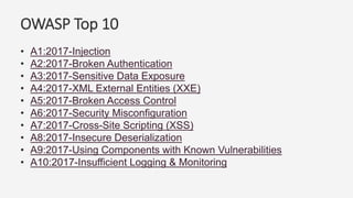 OWASP Top 10
• A1:2017-Injection
• A2:2017-Broken Authentication
• A3:2017-Sensitive Data Exposure
• A4:2017-XML External Entities (XXE)
• A5:2017-Broken Access Control
• A6:2017-Security Misconfiguration
• A7:2017-Cross-Site Scripting (XSS)
• A8:2017-Insecure Deserialization
• A9:2017-Using Components with Known Vulnerabilities
• A10:2017-Insufficient Logging & Monitoring
 