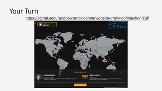 Your Turn
https://portal.securecodewarrior.com/#/website-trial/web/injection/sql/
 