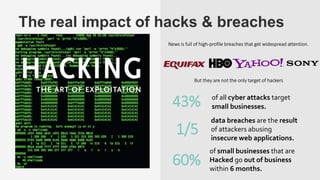 The real impact of hacks & breaches
News is full of high-profile breaches that get widespread attention.
But they are not the only target of hackers
43% of all cyber attacks target
small businesses.
60%
of small businesses that are
Hacked go out of business
within 6 months.
1/5
data breaches are the result
of attackers abusing
insecure web applications.
 