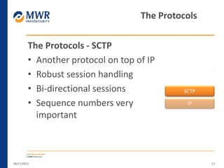 The Protocols - SCTP
• Another protocol on top of IP
• Robust session handling
• Bi-directional sessions
• Sequence numbers very
important
06/11/2012 34
The Protocols
IP
SCTP
 