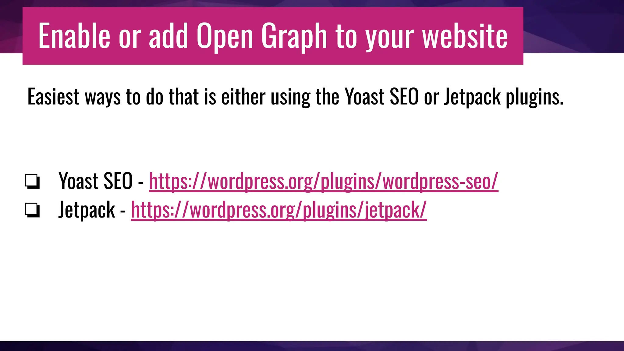 Enable or add Open Graph to your website
Easiest ways to do that is either using the Yoast SEO or Jetpack plugins.
❏ Yoast SEO - https://wordpress.org/plugins/wordpress-seo/
❏ Jetpack - https://wordpress.org/plugins/jetpack/
 