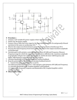 18 | P a g e
MKCT’s Manav School of Engineering & Technology, Vyala (Akola).
Procedure :-
1. Connect +12V variable DC power supply at their indicated position.
2. Switch ‘On’ the power supply.
3. Connect 2Vp-p, 20Hz Sine wave signal at the input (between points Vin and ground) of board
and observe the same on oscilloscope CH1.
4. Observe the output waveform between points Vout and ground on Oscilloscope CH 2.
5. Increase the input frequency from lowest value and observe the output waveform amplitude
on Oscilloscope.
6. Calculate gain in dB and plot a semi log graph between AV (dB) and Frequency. Measure
frequency range for which the output wave amplitude is 3dB down the maximum amplitude
on graph (this will give two values of frequency fL and fH, the lower 3dB frequency and
higher 3dB frequency respectively) as shown in figure.
7. Calculate Bandwidth of RC-Coupled Amplifier without feedback.
8. Keep the potentiometer RF at 60K and calculate feedback factor β.
9. Connect the patch chord between ‘a’ and ‘b’.
10. Follow procedure from step 3 to 7. This will give a plot between AVF (dB) and Frequency.
11. Calculate Bandwidth of RC-Coupled Amplifier with feedback.
12. Compare the frequency response and Bandwidth of RC-Coupled Amplifier with &
without feedback.
Observation Table:-
 