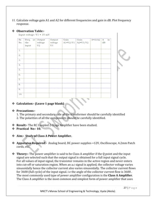 27 | P a g e
MKCT’s Manav School of Engineering & Technology, Vyala (Akola).
11. Calculate voltage gain A1 and A2 for different frequencies and gain in dB. Plot frequency
response.
Observation Table:-
Calculation:- (Leave 1 page blank)
Precautions:-
1. The primary and secondary side of the transformer should be carefully identified
2. The polarities of all the components should be carefully identified.
Result:- The RC Coupled 2-Stage Amplifier have been studied.
Practical No:- 10.
Aim:- Study of Class A Power Amplifier.
Apparatus Required:- Analog board, DC power supplies +12V, Oscilloscope, 4.2mm Patch
cords, etc.
Theory:- The power amplifier is said to be Class A amplifier if the Q point and the input
signal are selected such that the output signal is obtained for a full input signal cycle.
For all values of input signal, the transistor remains in the active region and never enters
into cut-off or saturation region. When an a.c signal is applied, the collector voltage varies
sinusoidally hence the collector current also varies sinusoidally. The collector current flows
for 3600 (full cycle) of the input signal. i e the angle of the collector current flow is 3600 .
The most commonly used type of power amplifier configuration is the Class A Amplifier.
The Class A amplifier is the most common and simplest form of power amplifier that uses
 