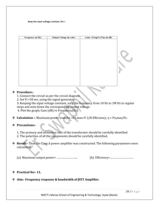 29 | P a g e
MKCT’s Manav School of Engineering & Technology, Vyala (Akola).
Procedure:-
1. Connect the circuit as per the circuit diagram.
2. Set Vi =50 mv, using the signal generator.
3. Keeping the input voltage constant, vary the frequency from 10 Hz to 1M Hz in regular
steps and note down the corresponding output voltage.
4. Plot the graph; Gain (dB) vs Frequency(Hz).
Calculation :- Maximum power transfer =Po,max=V 2/R Effeciency, η = Po,max/Pc.
Precautions:-
1. The primary and secondary side of the transformer should be carefully identified
2. The polarities of all the components should be carefully identified.
Result:- Thus the Class A power amplifier was constructed. The following parameters were
calculated:
(a). Maximum output power= ……………………... (b). Efficiency=…………………………
Practical No:- 11.
Aim:- Frequency response & bandwidth of JFET Amplifier.
 