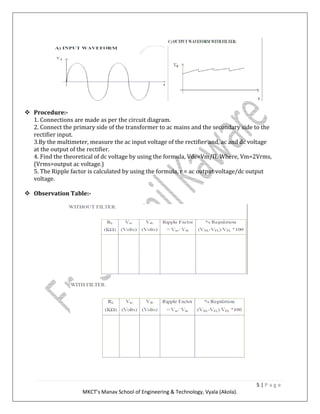 5 | P a g e
MKCT’s Manav School of Engineering & Technology, Vyala (Akola).
Procedure:-
1. Connections are made as per the circuit diagram.
2. Connect the primary side of the transformer to ac mains and the secondary side to the
rectifier input.
3.By the multimeter, measure the ac input voltage of the rectifier and, ac and dc voltage
at the output of the rectifier.
4. Find the theoretical of dc voltage by using the formula, Vdc=Vm/П. Where, Vm=2Vrms,
(Vrms=output ac voltage.)
5. The Ripple factor is calculated by using the formula, r = ac output voltage/dc output
voltage.
Observation Table:-
 