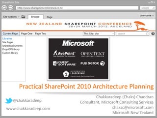 SharePoint Site

                http://www.sharepointconference.co.nz                                     search

                                                                                         username
 Site Actions              Browse        Page

             Parent > Parent > Current Page
             Page Title

Current Page       Page One   Page Two                    This Site: site    search
Libraries
Site Pages
Shared Documents
Drop Off Library
Custom library




                 Practical SharePoint 2010 Architecture Planning
                                                                Chakkaradeep (Chaks) Chandran
            @chakkaradeep                               Consultant, Microsoft Consulting Services
   www.chakkaradeep.com                                                  chaksc@microsoft.com
                                                                          Microsoft New Zealand
 