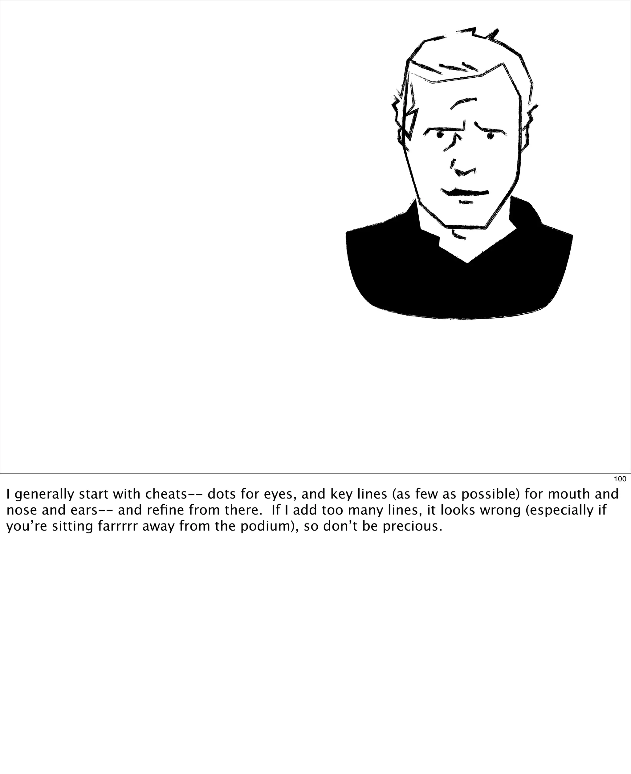 100

I generally start with cheats-- dots for eyes, and key lines (as few as possible) for mouth and
nose and ears-- and reﬁne from there.  If I add too many lines, it looks wrong (especially if
you’re sitting farrrrr away from the podium), so don’t be precious.

 