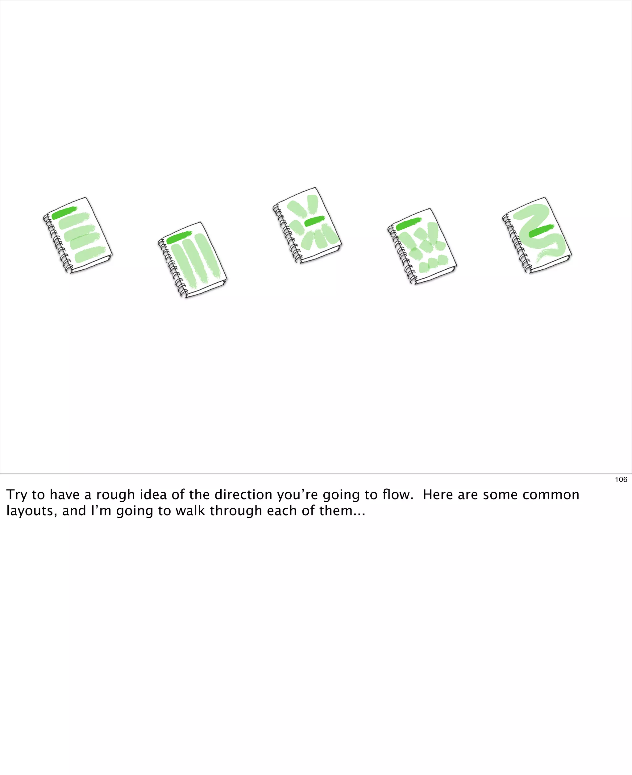 106

Try to have a rough idea of the direction you’re going to ﬂow.  Here are some common
layouts, and I’m going to walk through each of them...

 