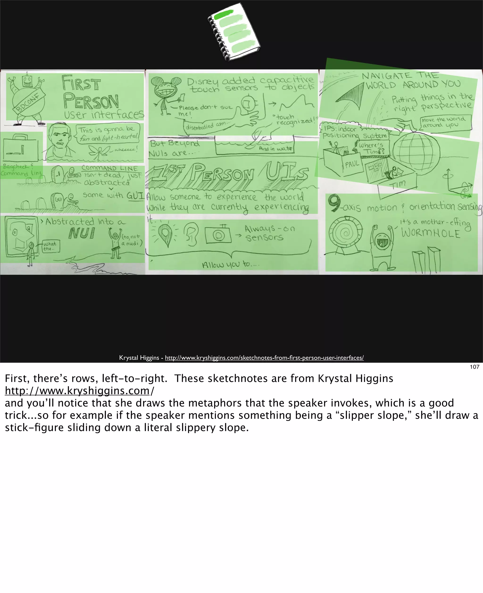 Krystal Higgins - http://www.kryshiggins.com/sketchnotes-from-ﬁrst-person-user-interfaces/
107

First, there’s rows, left-to-right. These sketchnotes are from Krystal Higgins
http://www.kryshiggins.com/
and you’ll notice that she draws the metaphors that the speaker invokes, which is a good
trick...so for example if the speaker mentions something being a “slipper slope,” she’ll draw a
stick-ﬁgure sliding down a literal slippery slope.

 