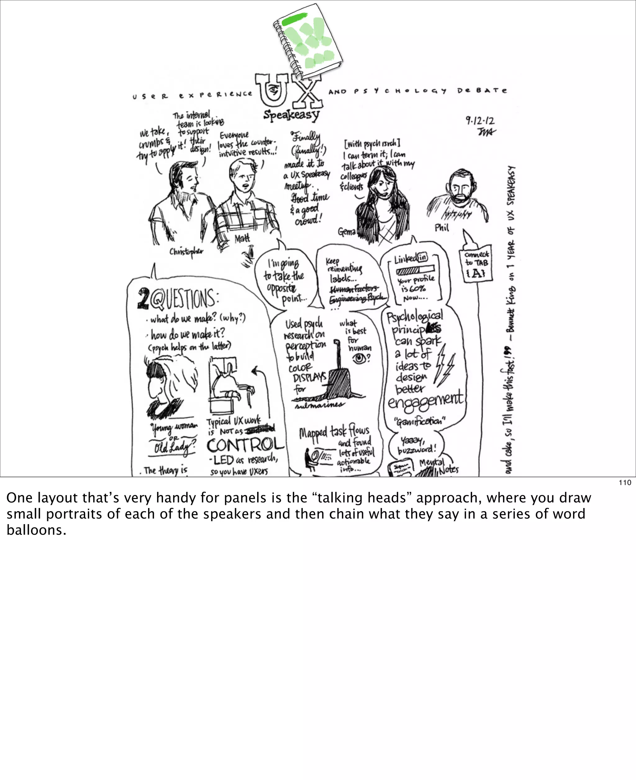 110

One layout that’s very handy for panels is the “talking heads” approach, where you draw
small portraits of each of the speakers and then chain what they say in a series of word
balloons.

 