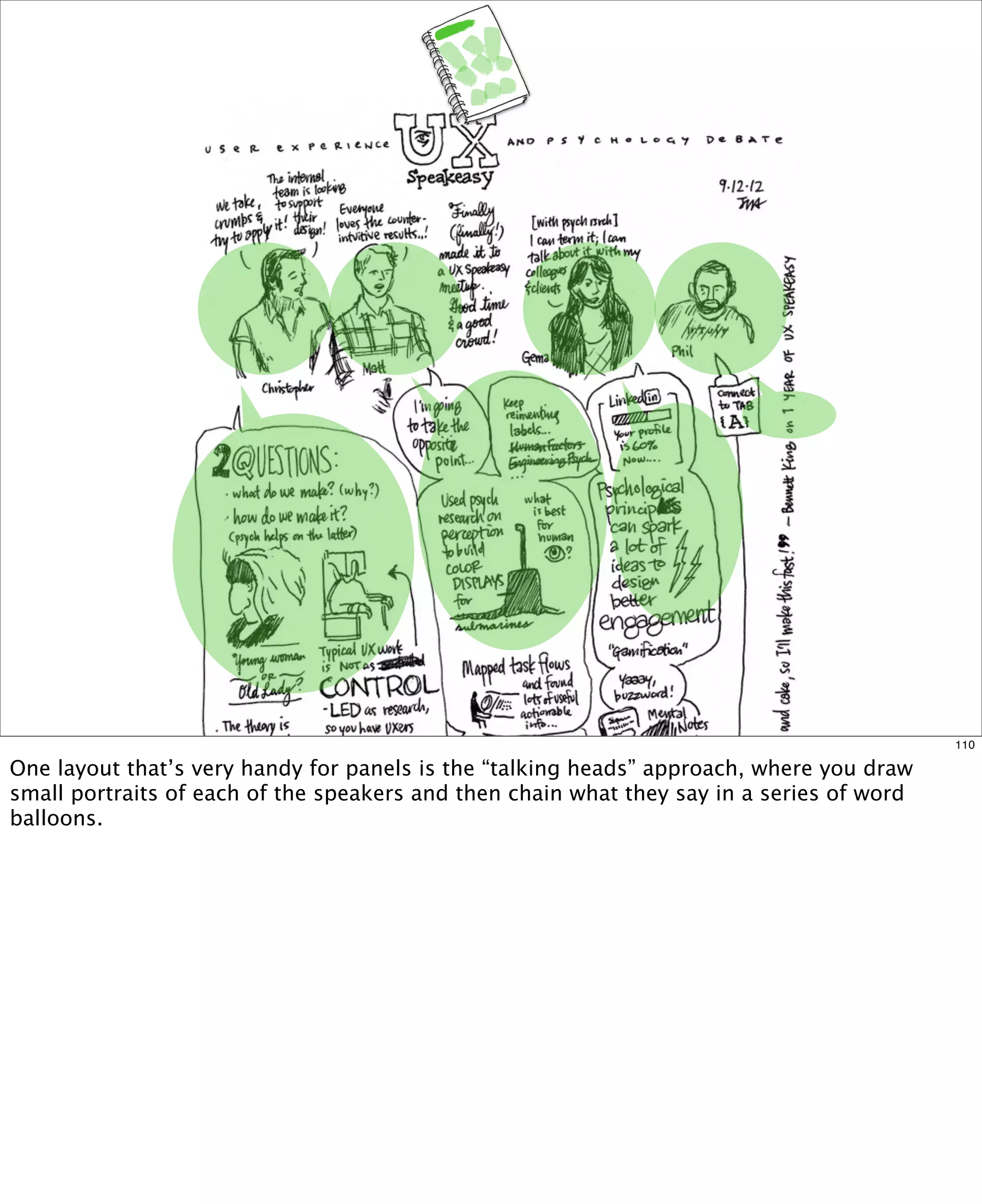 110

One layout that’s very handy for panels is the “talking heads” approach, where you draw
small portraits of each of the speakers and then chain what they say in a series of word
balloons.

 