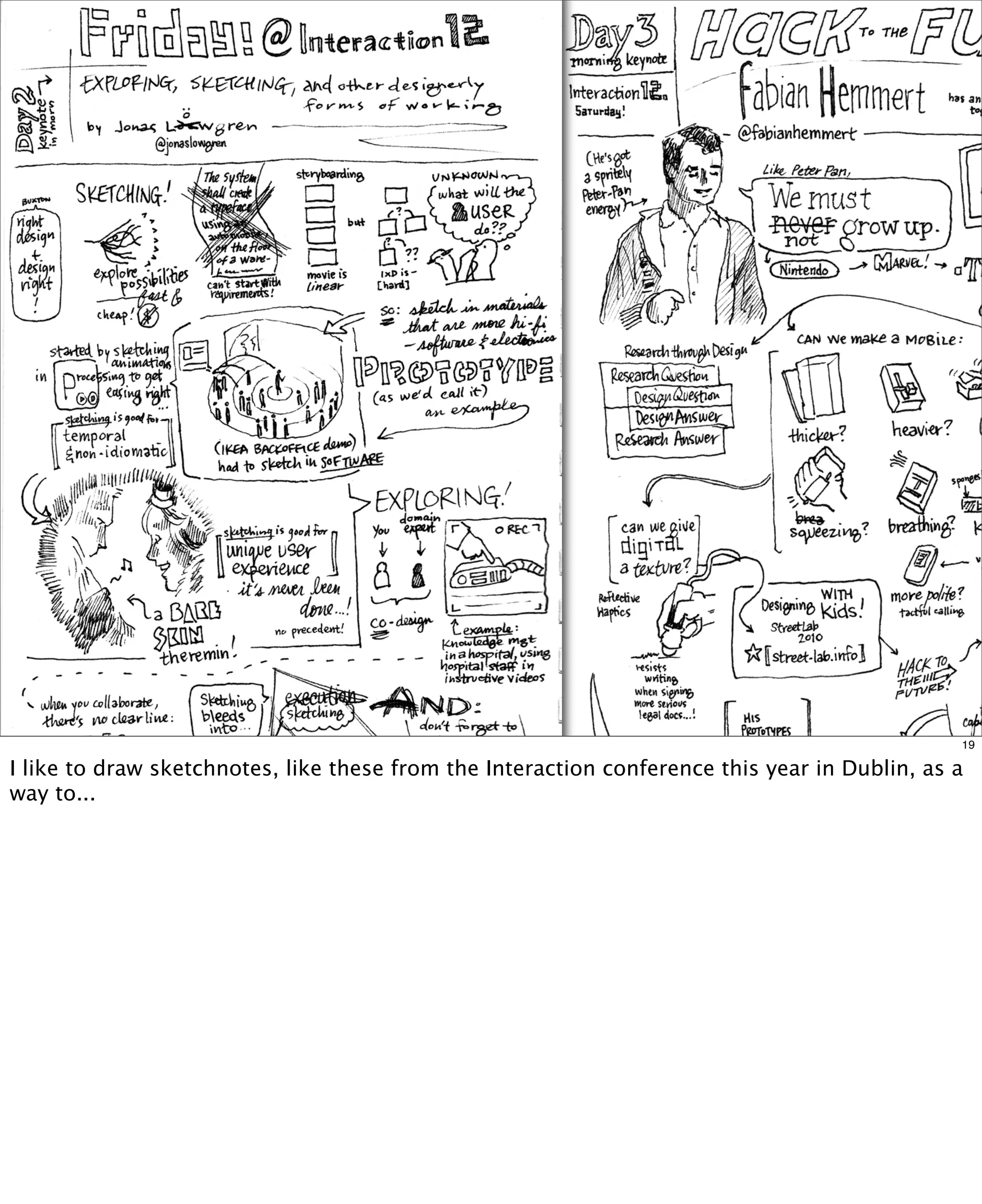 19

I like to draw sketchnotes, like these from the Interaction conference this year in Dublin, as a
way to...

 