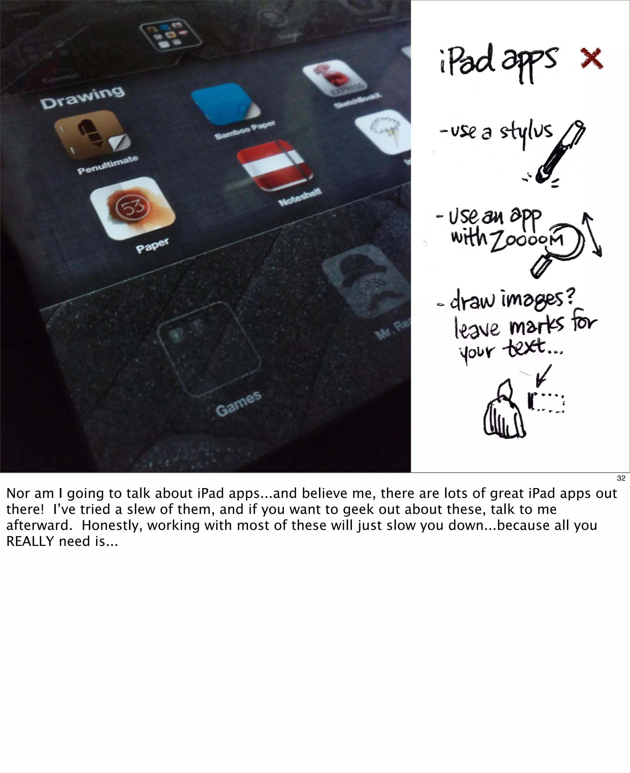 32

Nor am I going to talk about iPad apps...and believe me, there are lots of great iPad apps out
there! I’ve tried a slew of them, and if you want to geek out about these, talk to me
afterward. Honestly, working with most of these will just slow you down...because all you
REALLY need is...

 