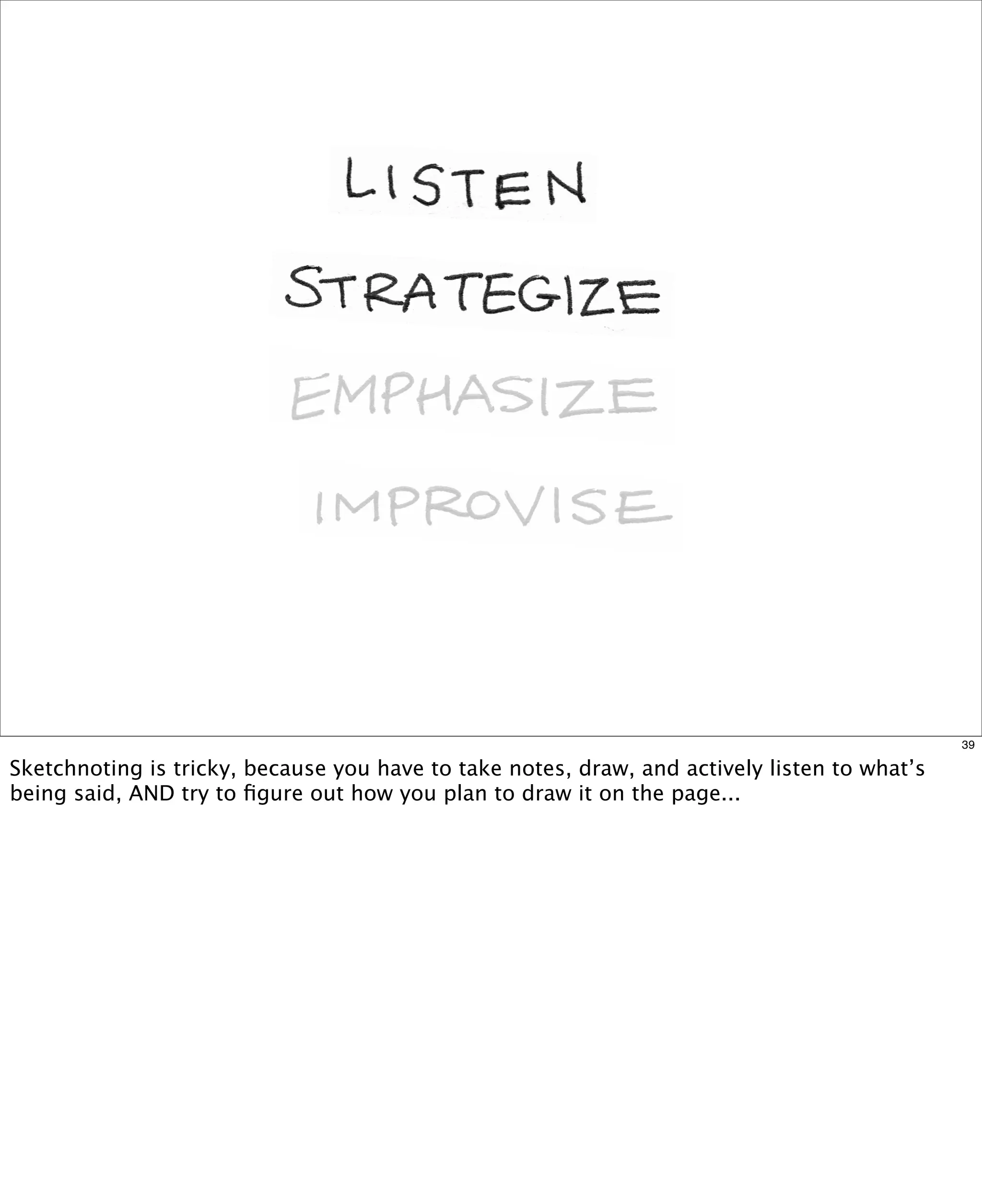 39

Sketchnoting is tricky, because you have to take notes, draw, and actively listen to what’s
being said, AND try to ﬁgure out how you plan to draw it on the page...

 