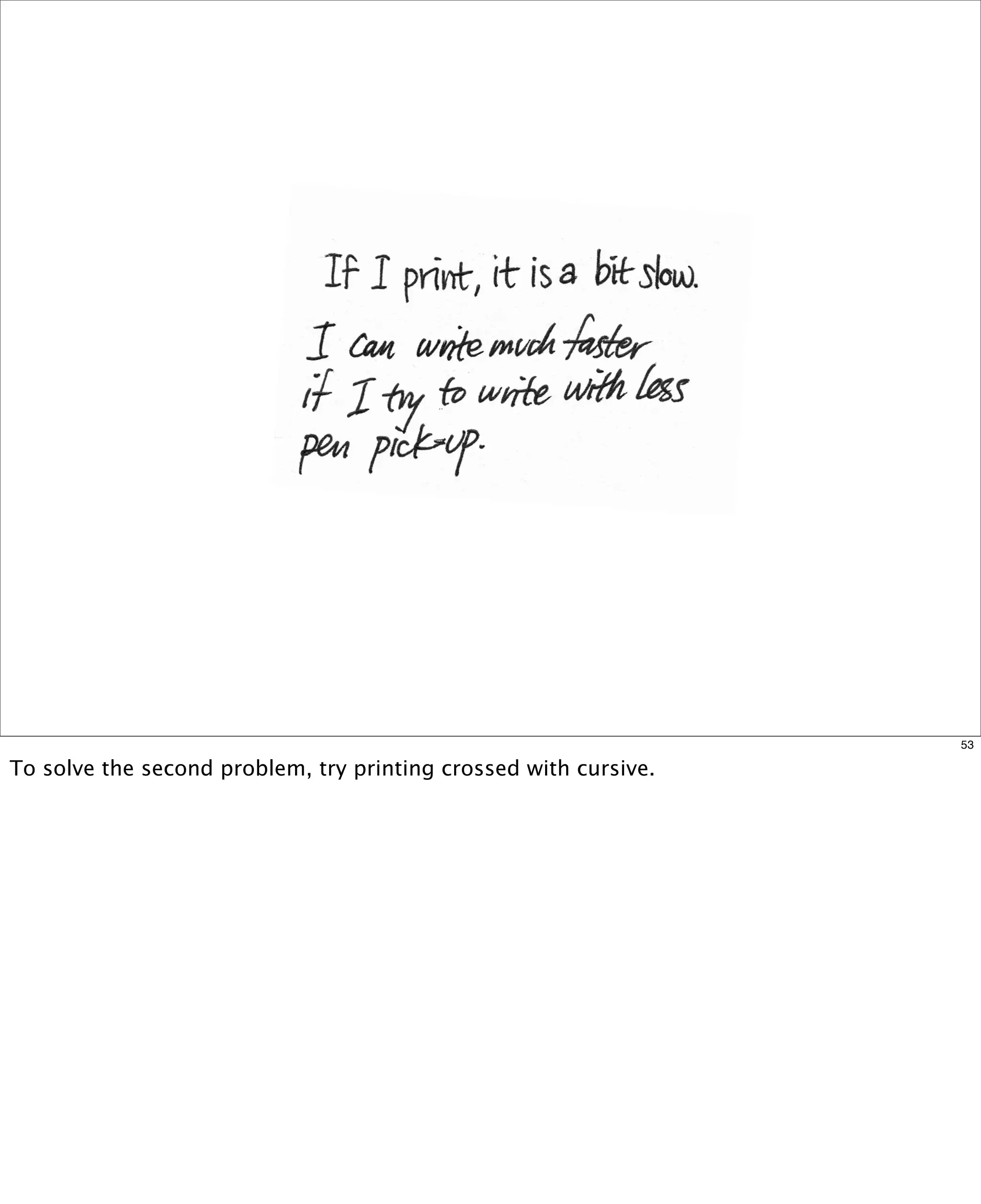 53

To solve the second problem, try printing crossed with cursive.

 