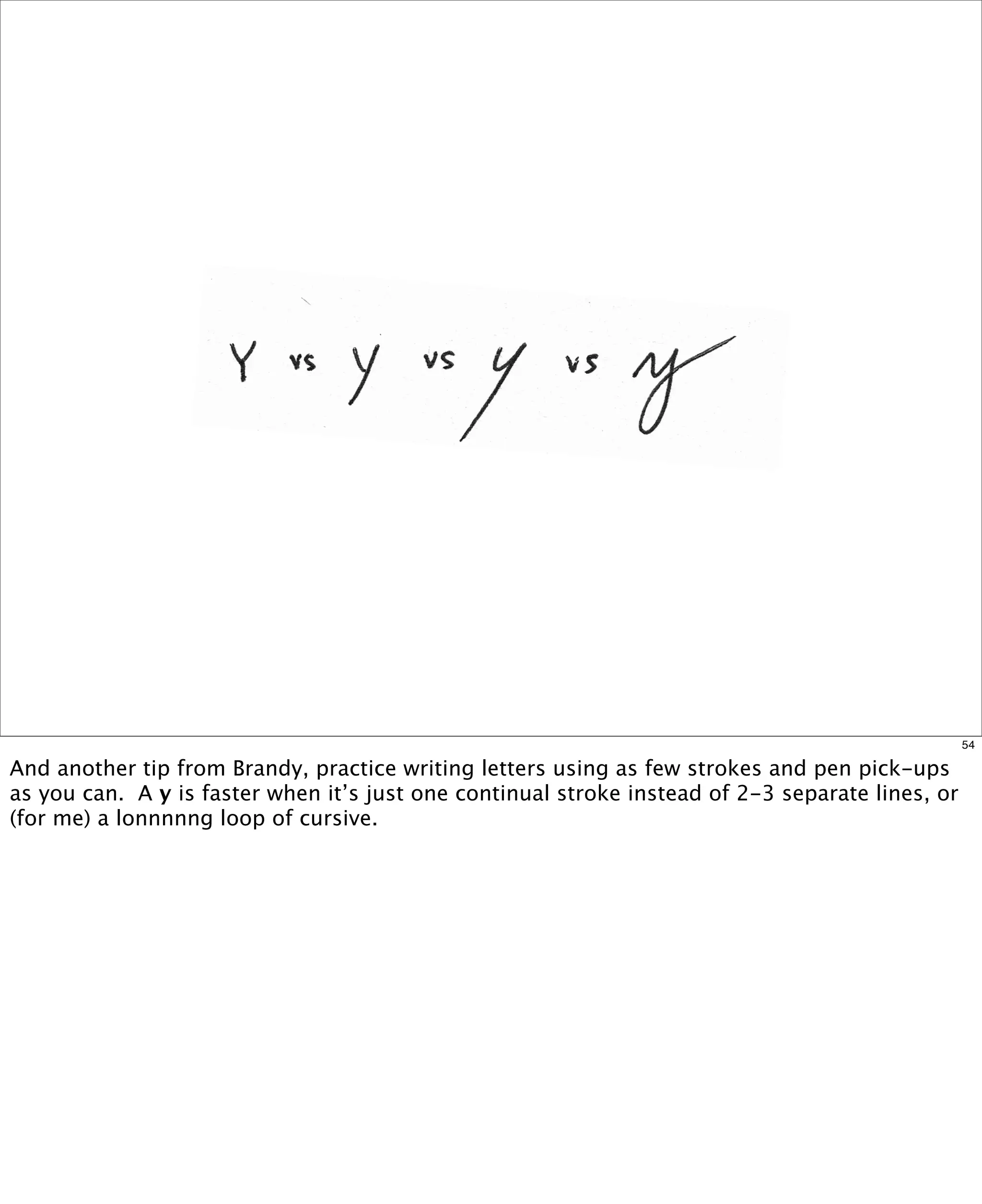 54

And another tip from Brandy, practice writing letters using as few strokes and pen pick-ups
as you can. A y is faster when it’s just one continual stroke instead of 2-3 separate lines, or
(for me) a lonnnnng loop of cursive.

 