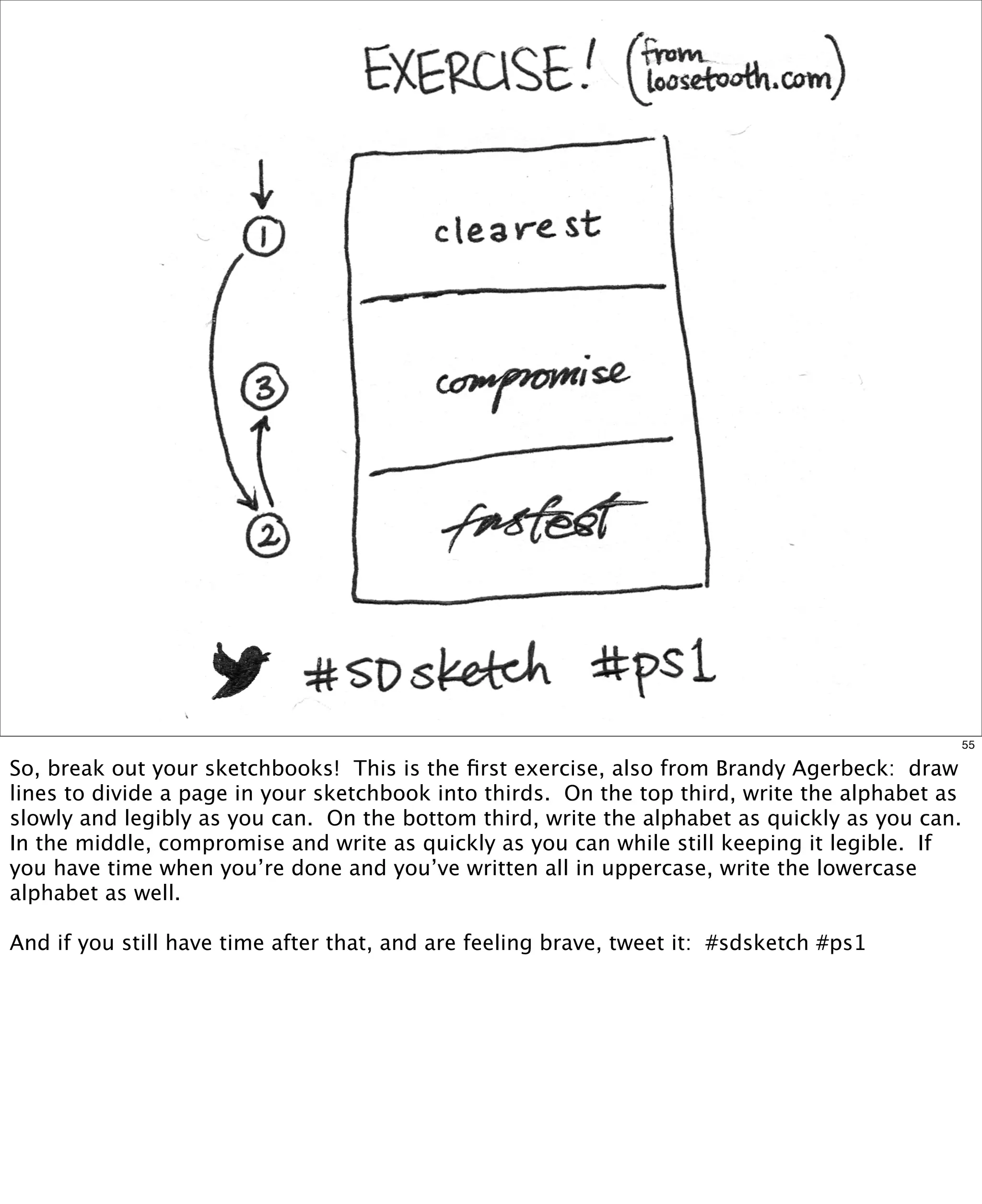 55

So, break out your sketchbooks! This is the ﬁrst exercise, also from Brandy Agerbeck: draw
lines to divide a page in your sketchbook into thirds. On the top third, write the alphabet as
slowly and legibly as you can. On the bottom third, write the alphabet as quickly as you can.
In the middle, compromise and write as quickly as you can while still keeping it legible. If
you have time when you’re done and you’ve written all in uppercase, write the lowercase
alphabet as well.
And if you still have time after that, and are feeling brave, tweet it: #sdsketch #ps1

 