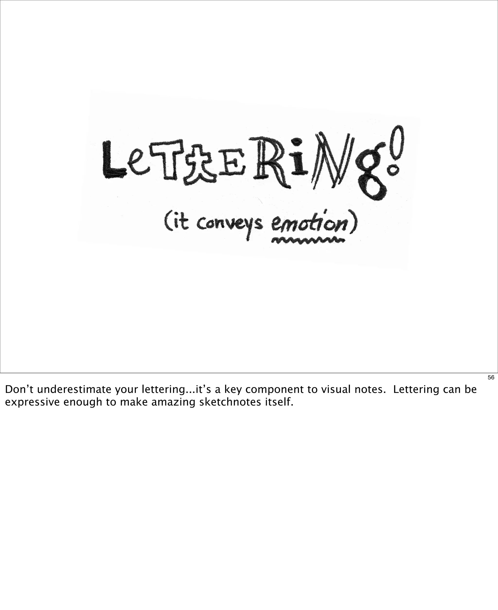 56

Don’t underestimate your lettering...it’s a key component to visual notes.  Lettering can be
expressive enough to make amazing sketchnotes itself.  

 
