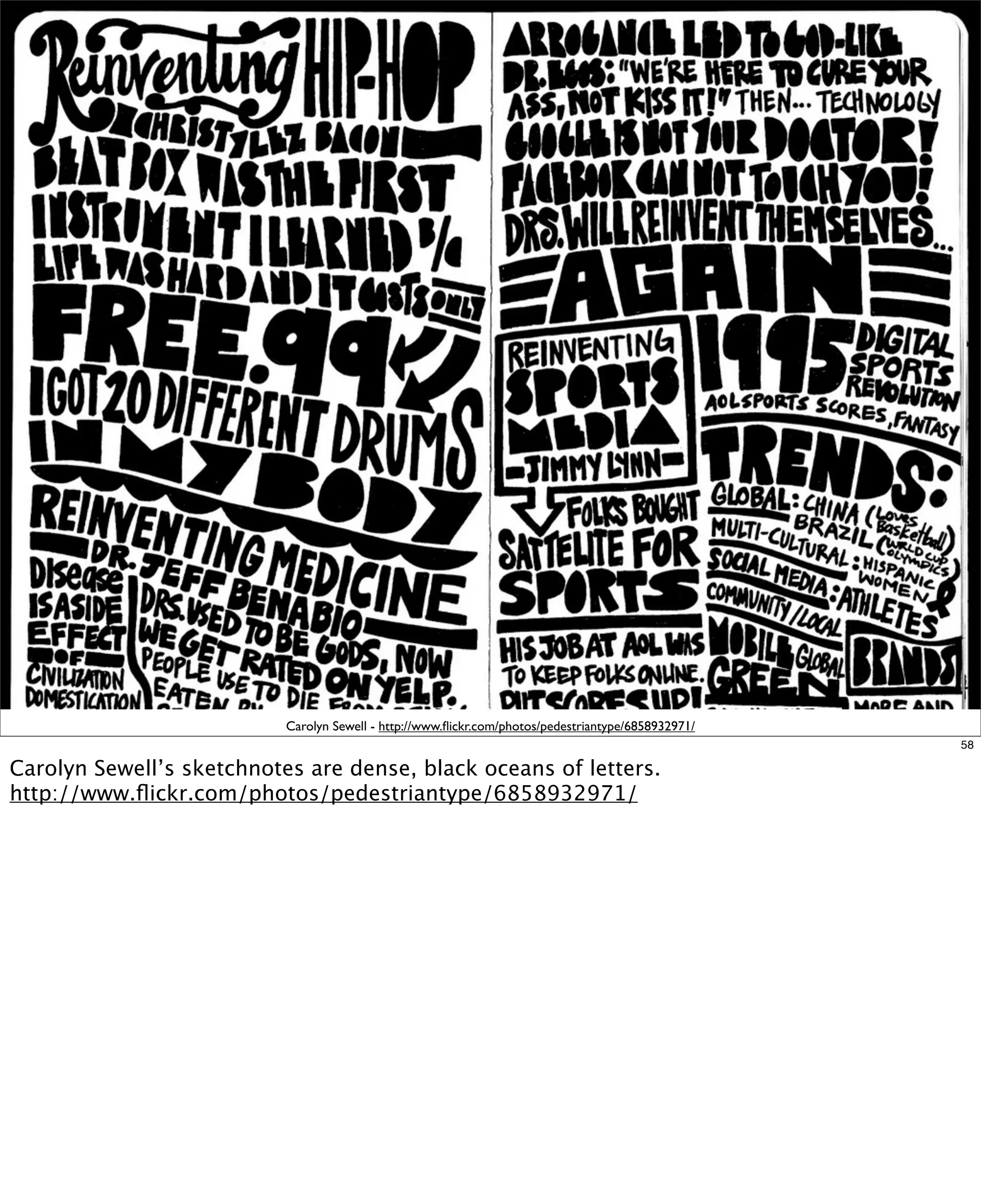 Carolyn Sewell - http://www.ﬂickr.com/photos/pedestriantype/6858932971/
58

Carolyn Sewell’s sketchnotes are dense, black oceans of letters.  
http://www.ﬂickr.com/photos/pedestriantype/6858932971/

 