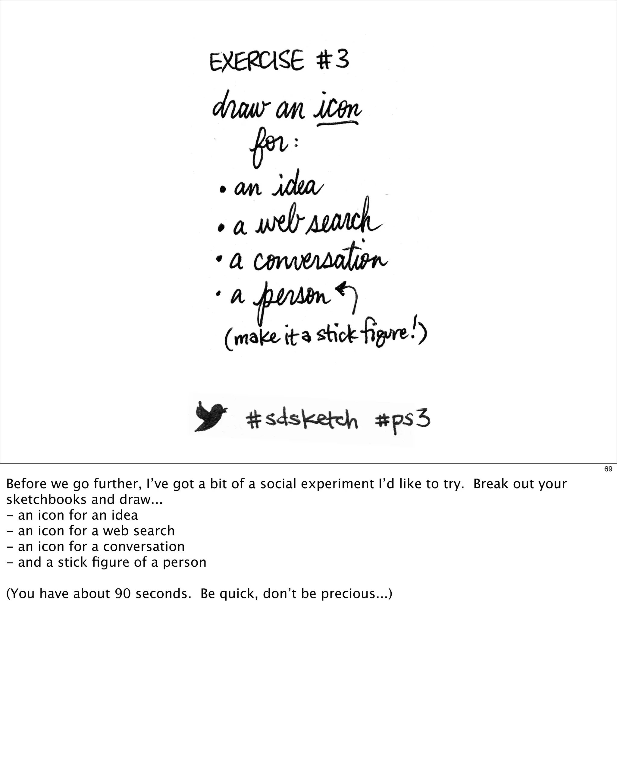 69

Before we go further, I’ve got a bit of a social experiment I’d like to try. Break out your
sketchbooks and draw...
- an icon for an idea
- an icon for a web search
- an icon for a conversation
- and a stick ﬁgure of a person
(You have about 90 seconds. Be quick, don’t be precious...)

 