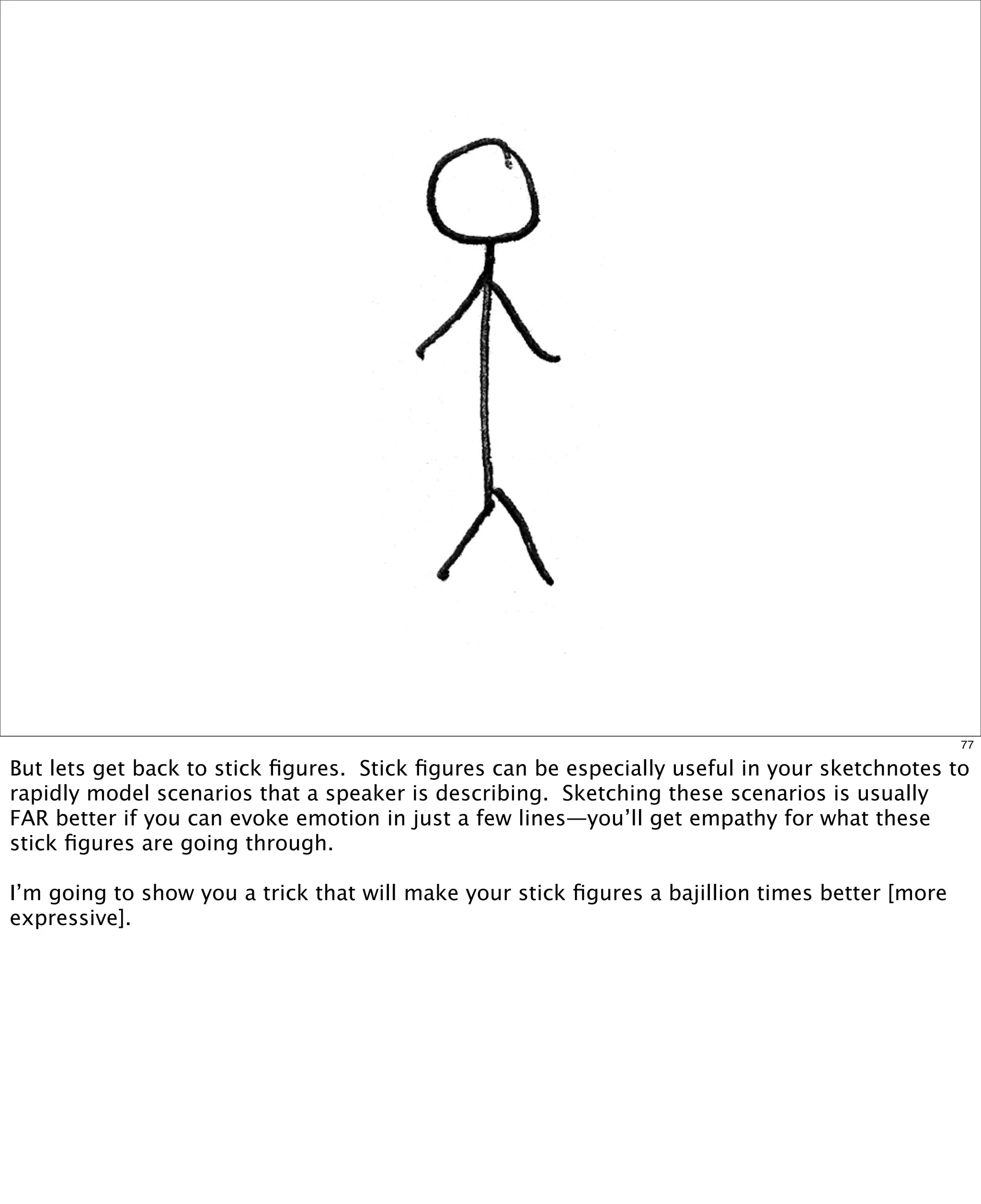 77

But lets get back to stick ﬁgures. Stick ﬁgures can be especially useful in your sketchnotes to
rapidly model scenarios that a speaker is describing.  Sketching these scenarios is usually
FAR better if you can evoke emotion in just a few lines—you’ll get empathy for what these
stick ﬁgures are going through.  
I’m going to show you a trick that will make your stick ﬁgures a bajillion times better [more
expressive].

 