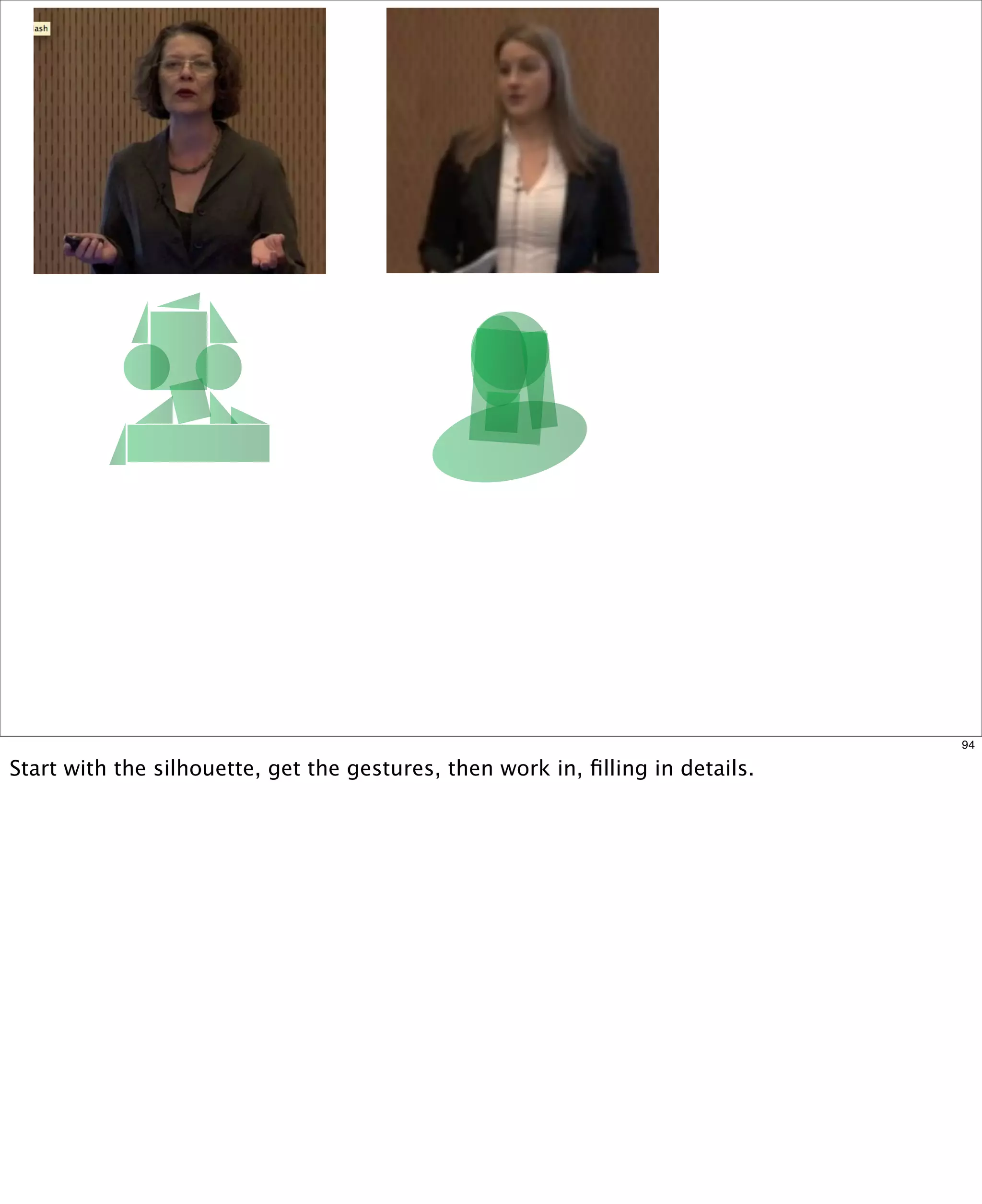 94

Start with the silhouette, get the gestures, then work in, ﬁlling in details.

 