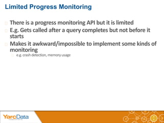  There is a progress monitoring API but it is limited 
 E.g. Gets called after a query completes but not before it 
star...
