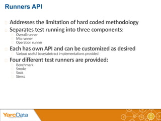 2 
0 
 Addresses the limitation of hard coded methodology 
 Separates test running into three components: 
 Overall runner 
 Mix runner 
 Operation runner 
 Each has own API and can be customized as desired 
 Various useful base/abstract implementations provided 
 Four different test runners are provided: 
 Benchmark 
 Smoke 
 Soak 
 Stress 
 