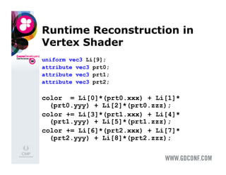 Runtime Reconstruction in
Vertex Shader
uniform vec3 Li[9];
attribute vec3 prt0;
attribute vec3 prt1;
attribute vec3 prt2;

color = Li[0]*(prt0.xxx) + Li[1]*
  (prt0.yyy) + Li[2]*(prt0.zzz);
color += Li[3]*(prt1.xxx) + Li[4]*
  (prt1.yyy) + Li[5]*(prt1.zzz);
color += Li[6]*(prt2.xxx) + Li[7]*
  (prt2.yyy) + Li[8]*(prt2.zzz);
 