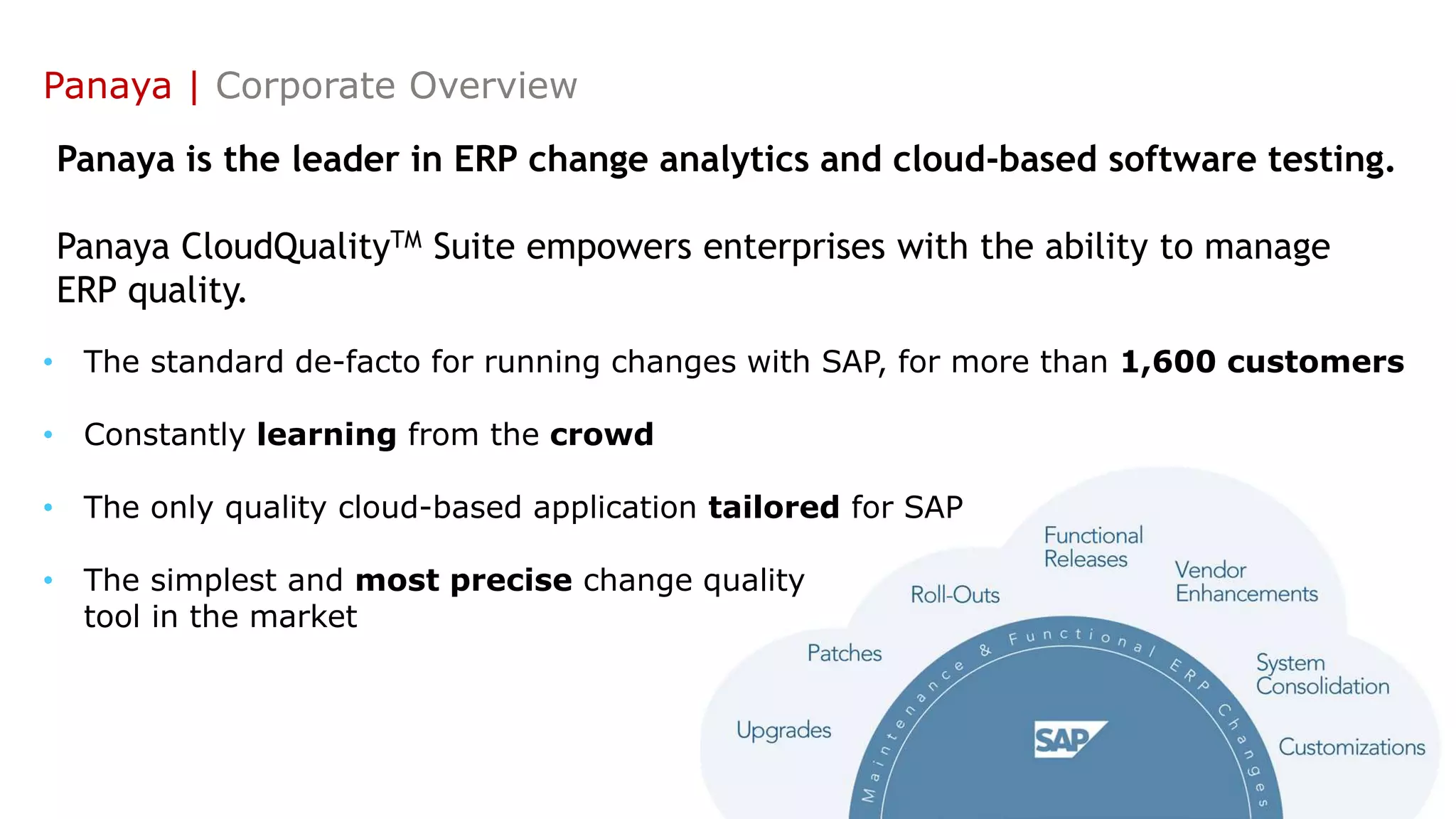 Panaya | Corporate Overview
Panaya is the leader in ERP change analytics and cloud-based software testing.
Panaya CloudQualityTM Suite empowers enterprises with the ability to manage
ERP quality.
• The standard de-facto for running changes with SAP, for more than 1,600 customers
• Constantly learning from the crowd
• The only quality cloud-based application tailored for SAP
• The simplest and most precise change quality
tool in the market
 