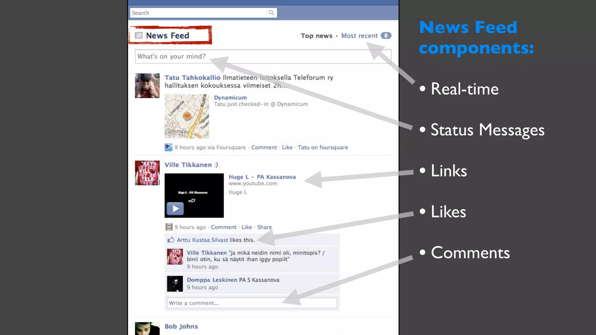News Feed
components:

• Real-time
• Status Messages
• Links
• Likes
• Comments
 