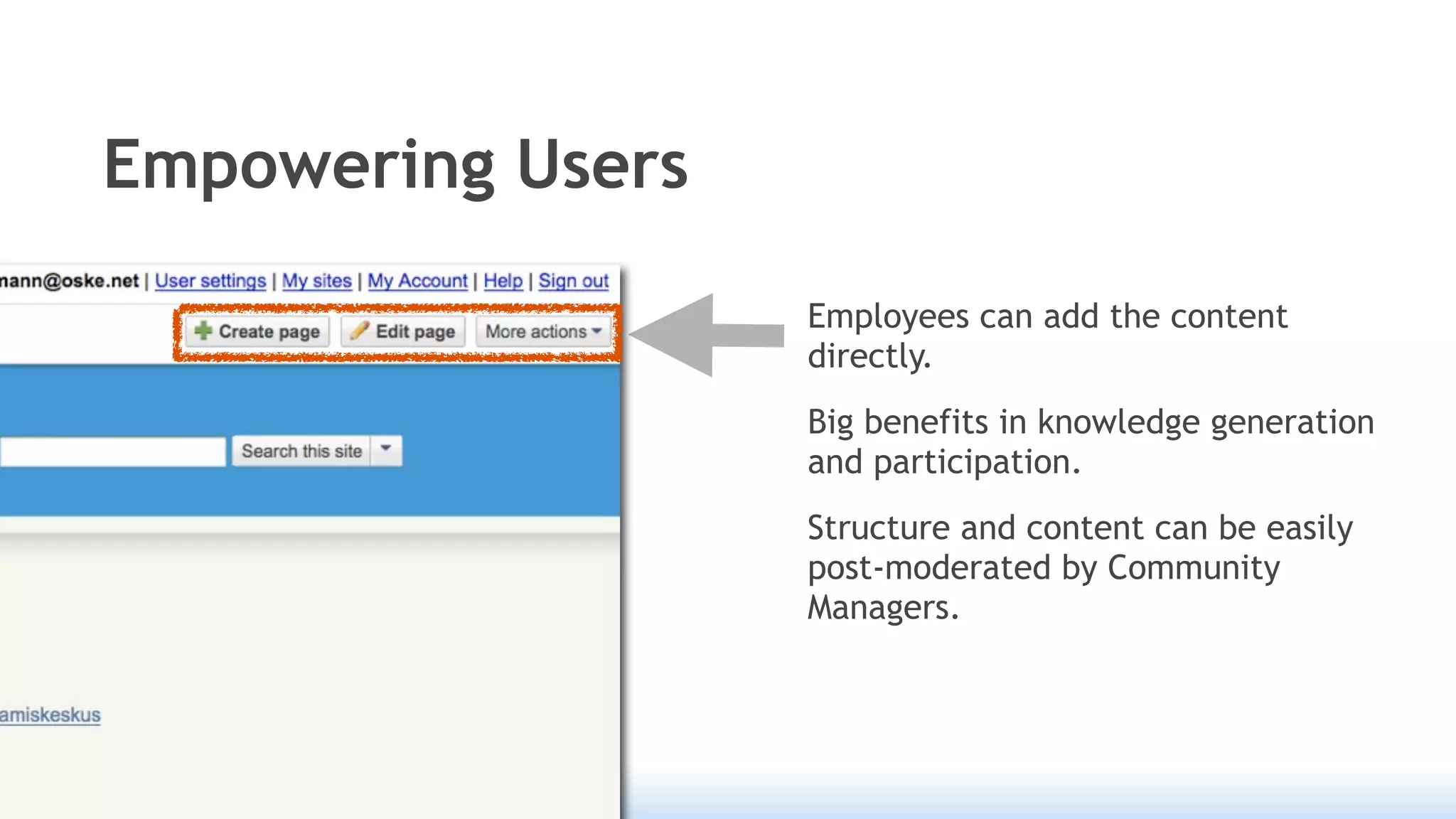 Empowering Users

                   Employees can add the content
                   directly.
                   Big benefits in knowledge generation
                   and participation.
                   Structure and content can be easily
                   post-moderated by Community
                   Managers.
 