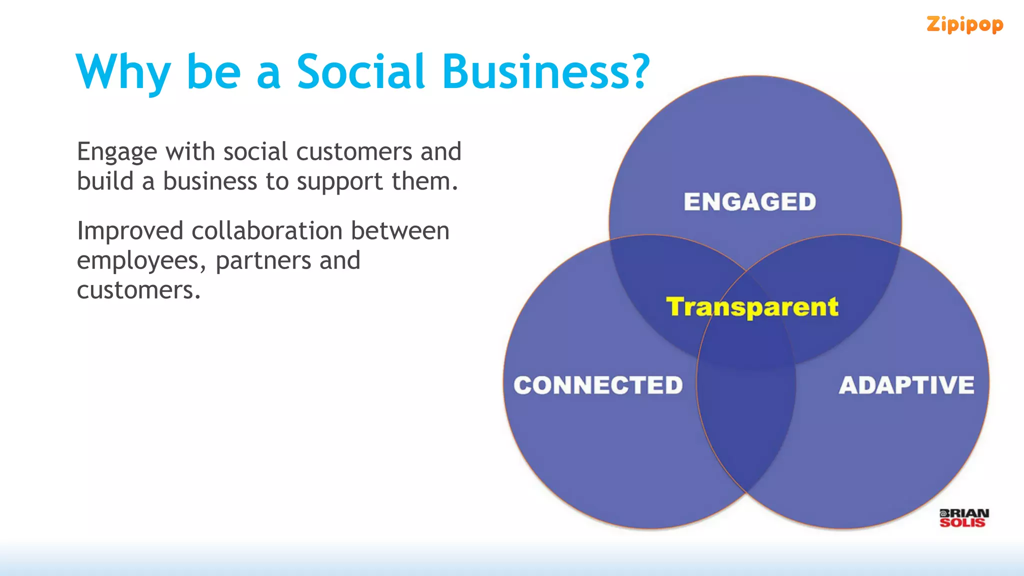 Why be a Social Business?
Engage with social customers and
build a business to support them.
Improved collaboration between
employees, partners and
customers.
 