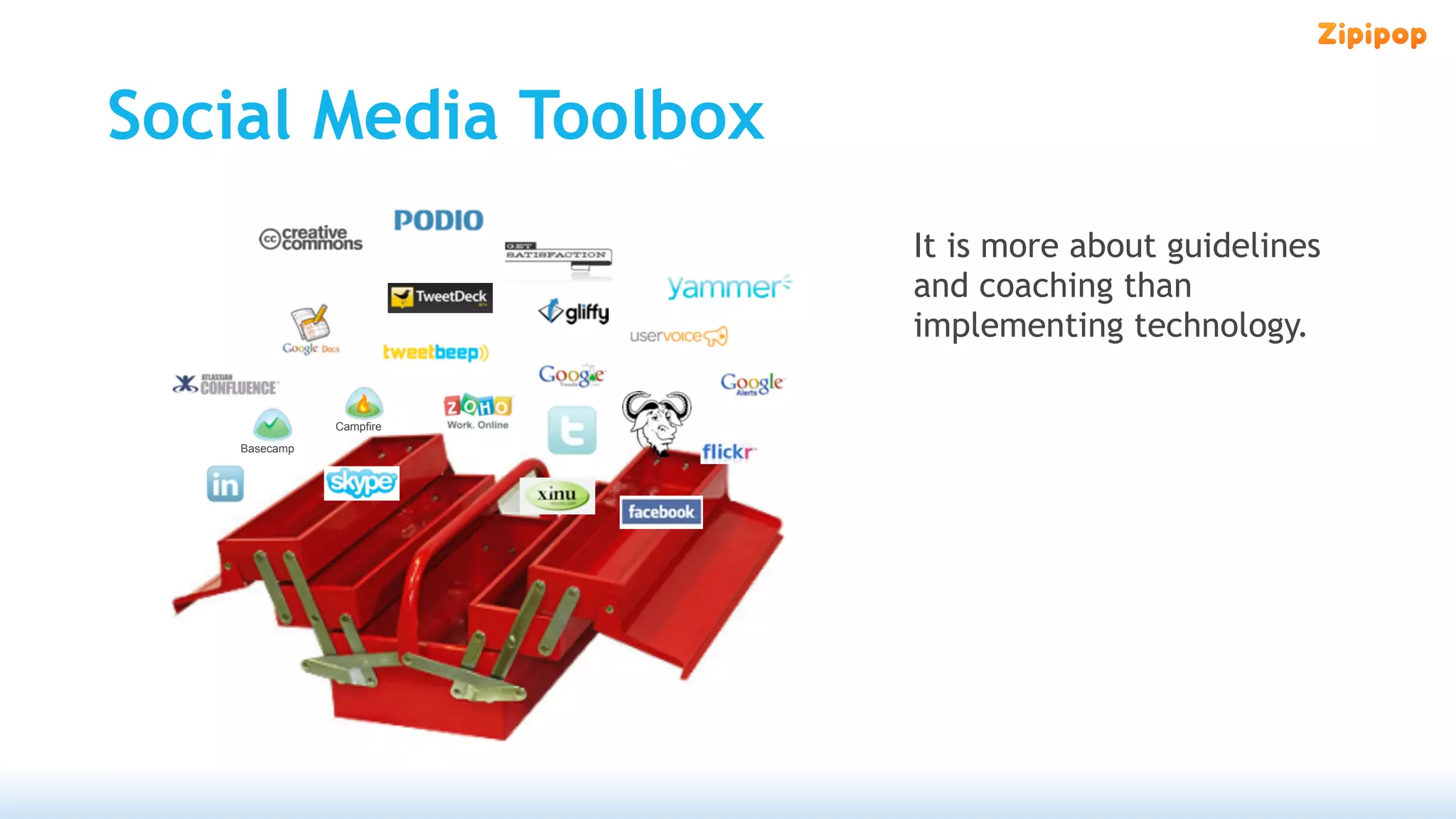 Social Media Toolbox
                          It is more about guidelines
                          and coaching than
                          implementing technology.

               Campfire
    Basecamp
 