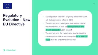 10
Regulatory
Evolution - New
EU Directive
• EU Regulation 536/2014 originally released in 2014,
will likely come into effect in 2019
• The sponsor and investigator shall keep a clinical
trial master file….it shall be readily available and
directly accessible upon request.
• The sponsor and the investigator shall archive the
content of the clinical trial master file for at least 25
years after the end of the clinical trial
 