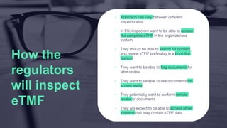 • Approach can vary between different
inspectorates
• In EU, inspectors want to be able to access
the complete eTMF in the organizations
system
• They should be able to search for content,
and review eTMF preferably in a book like
fashion
• They want to be able to flag documents for
later review
• They want to be able to see documents on-
screen easily
• They potentially want to perform remote
review of documents
• They will expect to be able to access other
systems that may contain eTMF data
14
How the
regulators
will inspect
eTMF
 