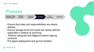 30
Process
A B O U T T H E C O M P A N Y
• Ensure that roles and responsibilities are clearly
defined
• Ensure storage limits and costs are clearly defined
especially in relation to archiving
• Perform adequate due diligence before signing
contracts
• Pre-agree deployment and go-live timeline
Establish Clear
Requirements
Identify
vendors
Evaluate
systems Contract
Plan
Resources Implement
 