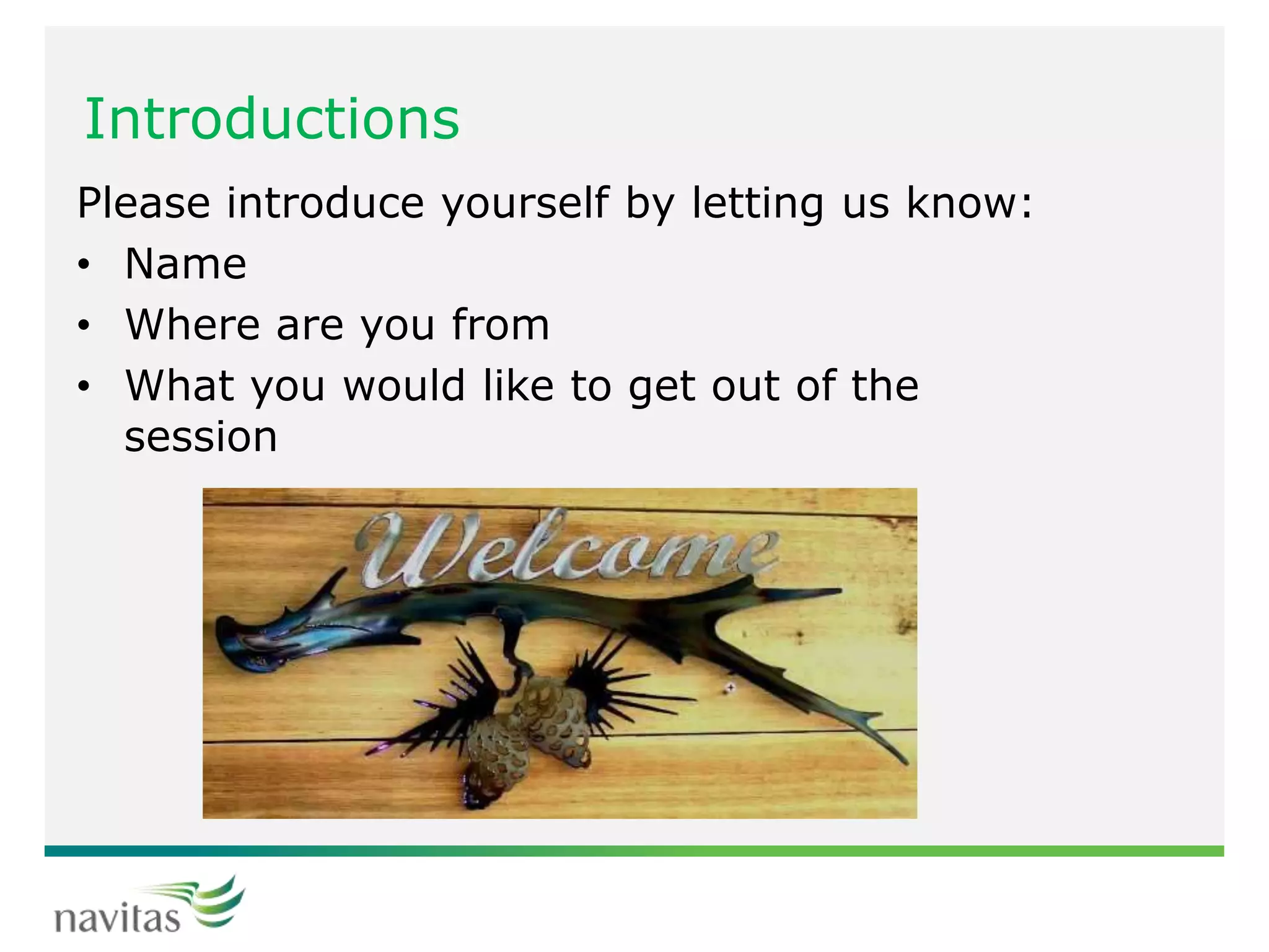 Introductions
Please introduce yourself by letting us know:
• Name
• Where are you from
• What you would like to get out of the
session
 
