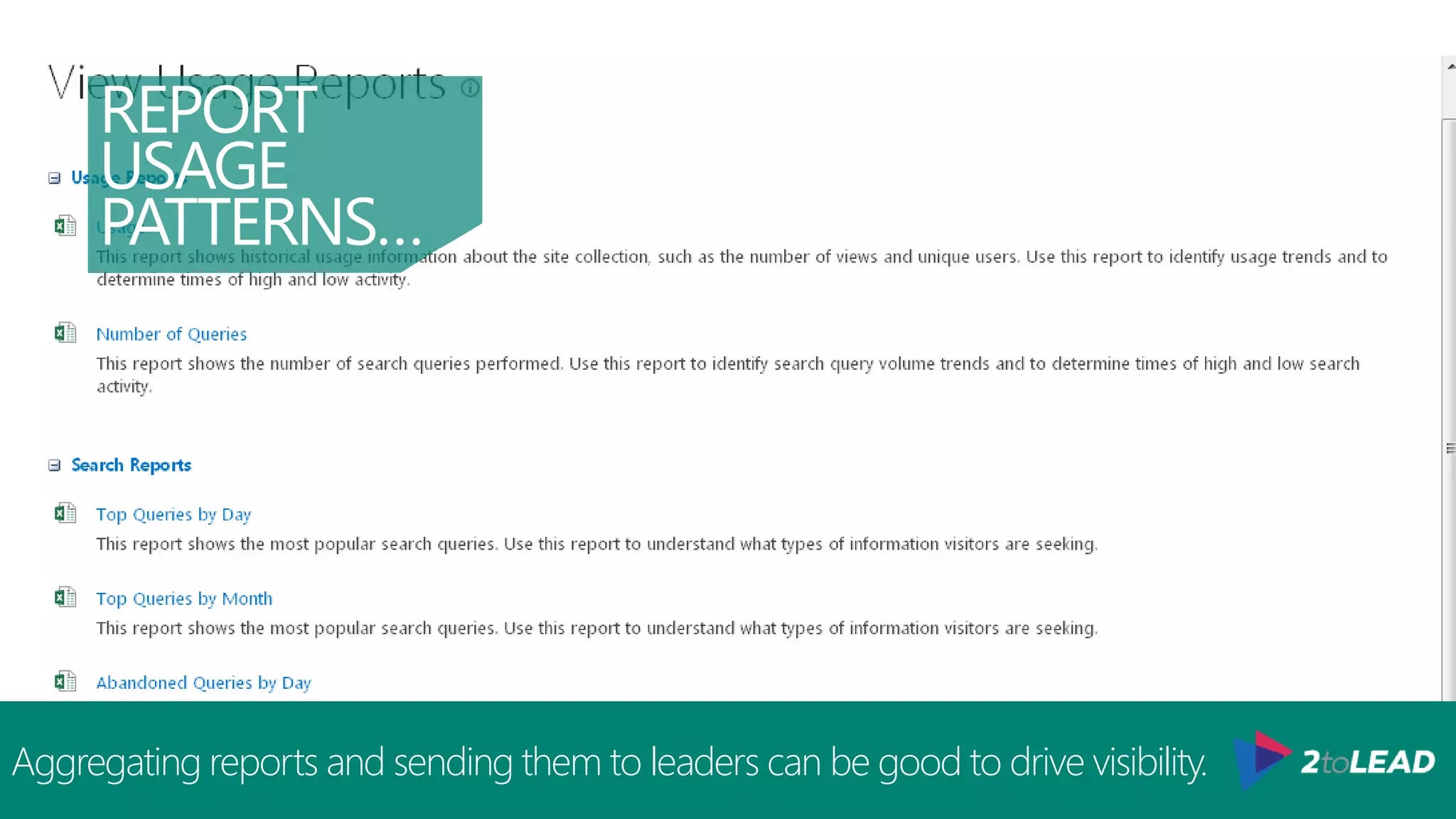 TOP
SEARCHES &
FAILED
SEARCHES…
Easy to do and useful to publish not just use for tuning/improving search.
 