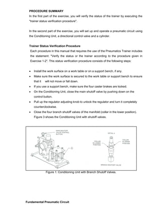 PROCEDURE SUMMARY
In the first part of the exercise, you will verify the status of the trainer by executing the
"trainer status verification procedure".
In the second part of the exercise, you will set up and operate a pneumatic circuit using
the Conditioning Unit, a directional control valve and a cylinder.
Trainer Status Verification Procedure
Each procedure in this manual that requires the use of the Pneumatics Trainer includes
the statement: "Verify the status or the trainer according to the procedure given in
Exercise 1-2". This status verification procedure consists of the following steps:
 Install the work surface on a work table or on a support bench, if any.
 Make sure the work surface is secured to the work table or support bench to ensure
that it will not move or fall down.
 If you use a support bench, make sure the four caster brakes are locked.
 On the Conditioning Unit, close the main shutoff valve by pushing down on the
control button.
 Pull up the regulator adjusting knob to unlock the regulator and turn it completely
counterclockwise.
 Close the four branch shutoff valves of the manifold (collar in the lower position).
Figure 3 shows the Conditioning Unit with shutoff valves.
Figure 1: Conditioning Unit with Branch Shutoff Valves.
Fundamental Pneumatic Circuit
 