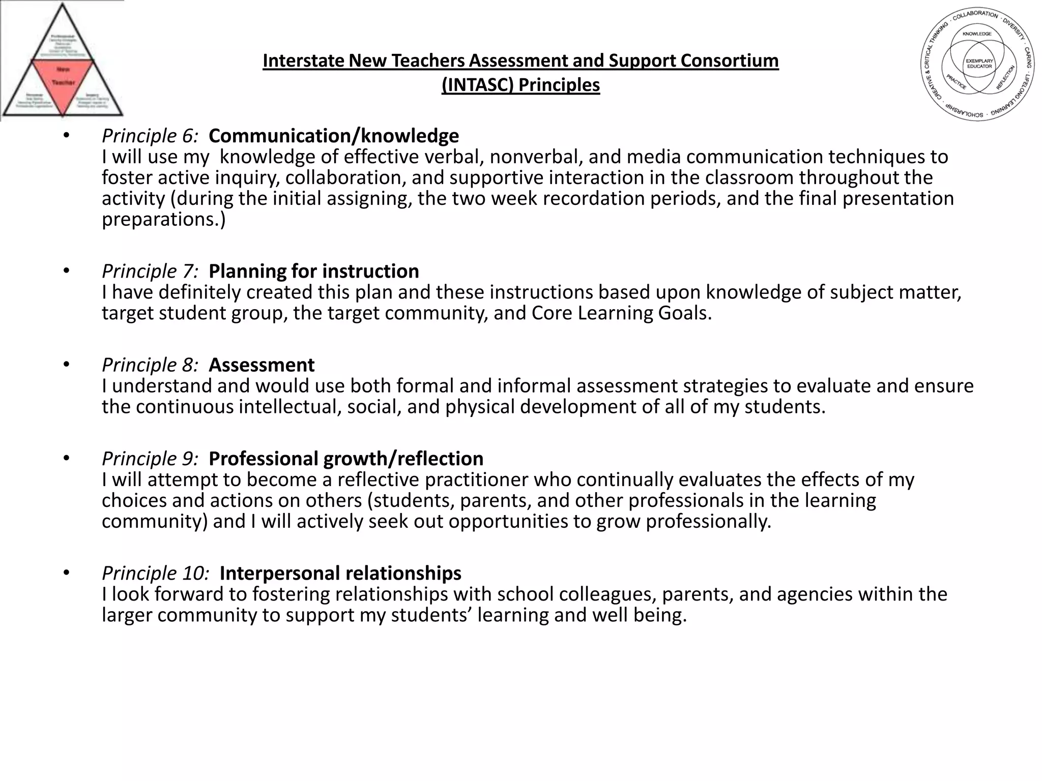 Interstate New Teachers Assessment and Support Consortium(INTASC) PrinciplesPrinciple 6:Communication/knowledgeI will use my  knowledge of effective verbal, nonverbal, and media communication techniques to foster active inquiry, collaboration, and supportive interaction in the classroom throughout the activity (during the initial assigning, the two week recordation periods, and the final presentation preparations.)Principle 7:  Planning for instructionI have definitely created this plan and these instructions based upon knowledge of subject matter, target student group, the target community, and Core Learning Goals.Principle 8:AssessmentI understand and would use both formal and informal assessment strategies to evaluate and ensure the continuous intellectual, social, and physical development of all of my students.Principle 9:Professional growth/reflectionI will attempt to become a reflective practitioner who continually evaluates the effects of my choices and actions on others (students, parents, and other professionals in the learning community) and I will actively seek out opportunities to grow professionally.Principle 10:Interpersonal relationshipsI look forward to fostering relationships with school colleagues, parents, and agencies within the larger community to support my students’ learning and well being.
