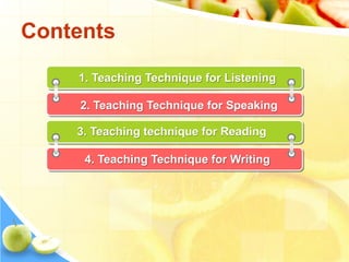 Contents
1. Teaching Technique for Listening
3. Teaching technique for Reading
2. Teaching Technique for Speaking
4. Teaching Technique for Writing
 