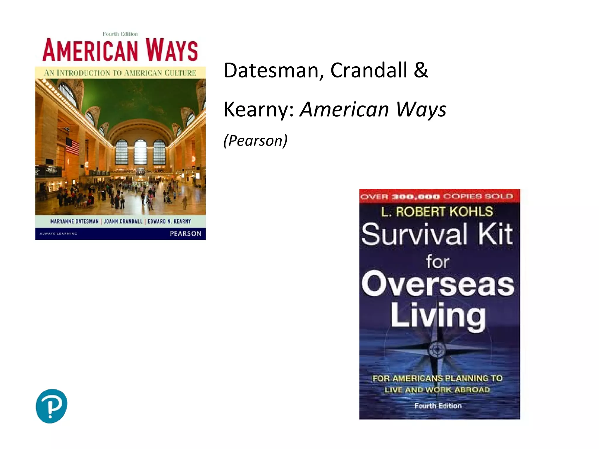 Joe McVeigh www.joemcveigh.org
Datesman, Crandall &
Kearny: American Ways
(Pearson)
Kohls Survival Kit for
Overseas Living
(Intercultural Press / Nicholas
Brealey)
 