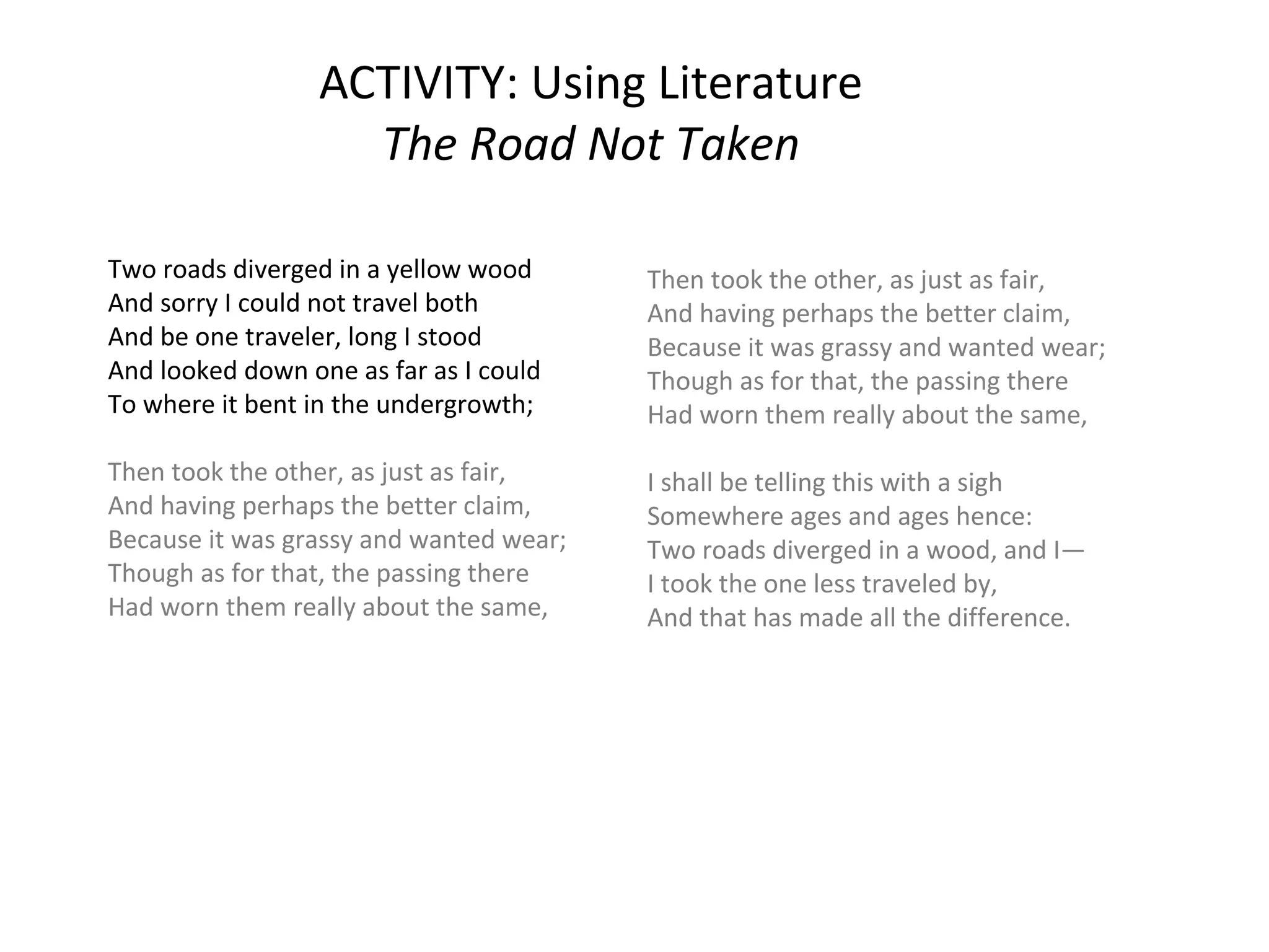 ACTIVITY: Using Literature
The Road Not Taken
Two roads diverged in a yellow wood
And sorry I could not travel both
And be one traveler, long I stood
And looked down one as far as I could
To where it bent in the undergrowth;
Then took the other, as just as fair,
And having perhaps the better claim,
Because it was grassy and wanted wear;
Though as for that, the passing there
Had worn them really about the same,
Then took the other, as just as fair,
And having perhaps the better claim,
Because it was grassy and wanted wear;
Though as for that, the passing there
Had worn them really about the same,
I shall be telling this with a sigh
Somewhere ages and ages hence:
Two roads diverged in a wood, and I—
I took the one less traveled by,
And that has made all the difference.
Robert Frost
From The Poetry of Robert Frost, New York: Holt. 1969.
 