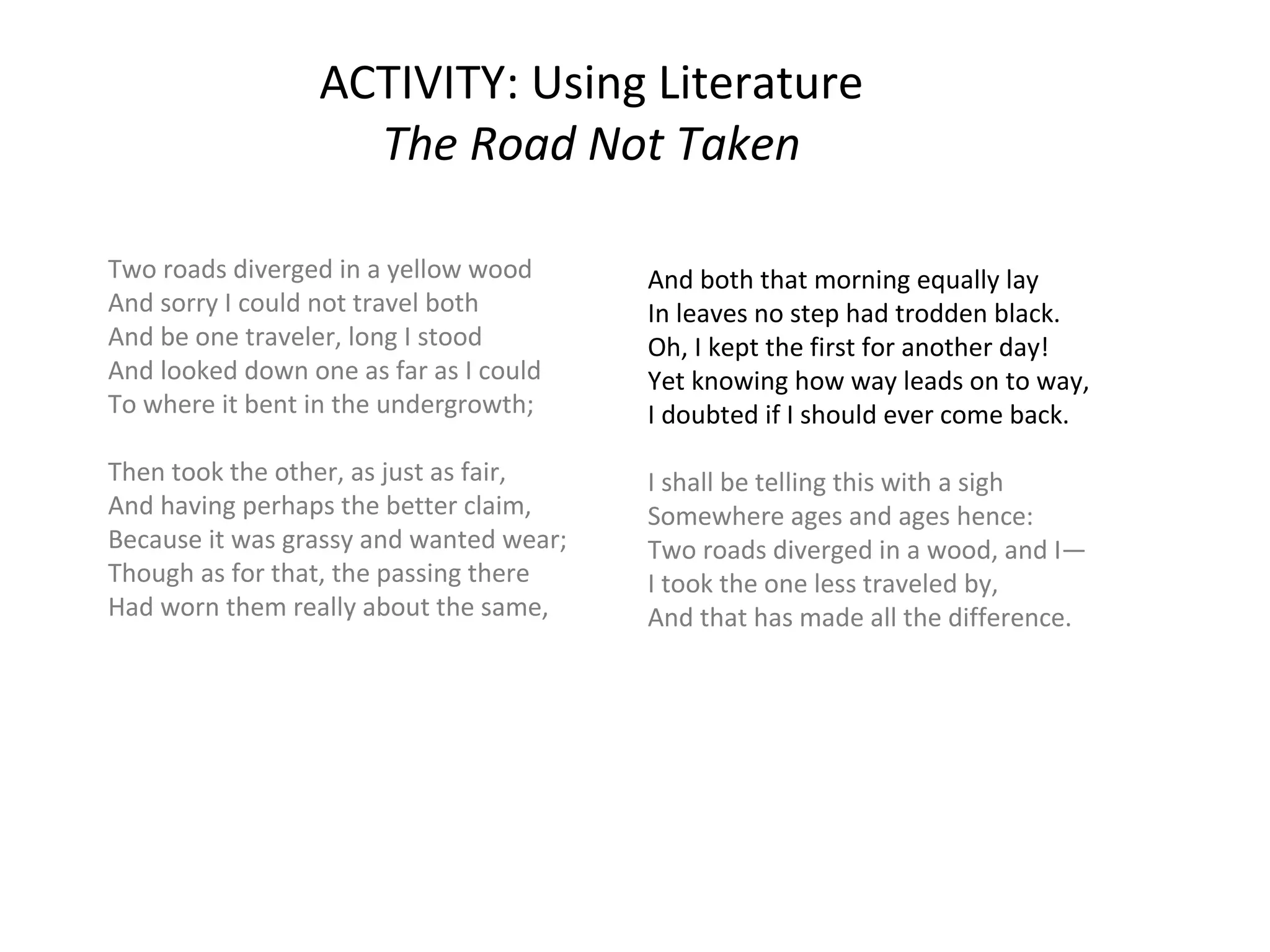 ACTIVITY: Using Literature
The Road Not Taken
Two roads diverged in a yellow wood
And sorry I could not travel both
And be one traveler, long I stood
And looked down one as far as I could
To where it bent in the undergrowth;
Then took the other, as just as fair,
And having perhaps the better claim,
Because it was grassy and wanted wear;
Though as for that, the passing there
Had worn them really about the same,
And both that morning equally lay
In leaves no step had trodden black.
Oh, I kept the first for another day!
Yet knowing how way leads on to way,
I doubted if I should ever come back.
I shall be telling this with a sigh
Somewhere ages and ages hence:
Two roads diverged in a wood, and I—
I took the one less traveled by,
And that has made all the difference.
Robert Frost
From The Poetry of Robert Frost, New York: Holt. 1969.
 