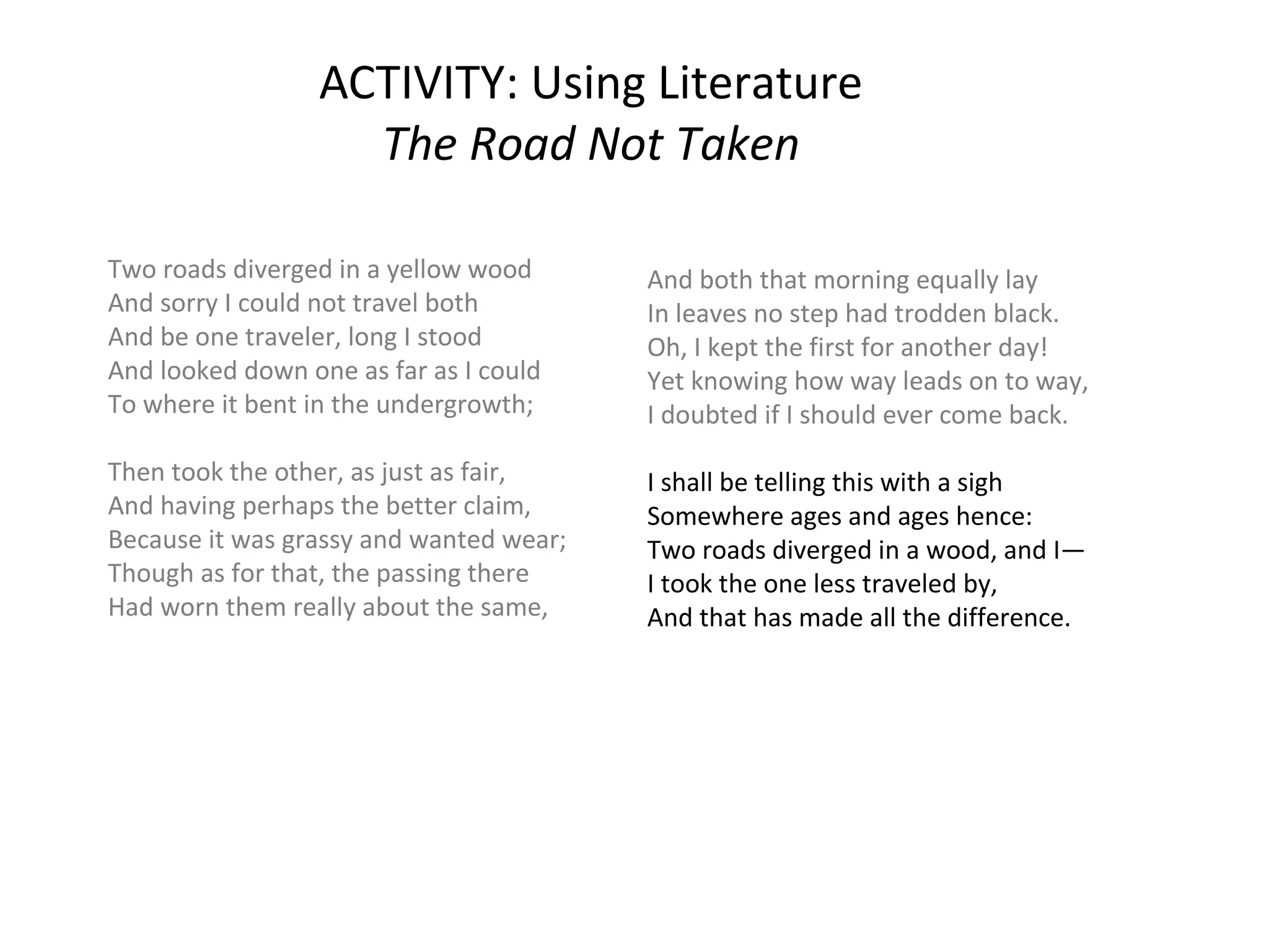 ACTIVITY: Using Literature
The Road Not Taken
Two roads diverged in a yellow wood
And sorry I could not travel both
And be one traveler, long I stood
And looked down one as far as I could
To where it bent in the undergrowth;
Then took the other, as just as fair,
And having perhaps the better claim,
Because it was grassy and wanted wear;
Though as for that, the passing there
Had worn them really about the same,
And both that morning equally lay
In leaves no step had trodden black.
Oh, I kept the first for another day!
Yet knowing how way leads on to way,
I doubted if I should ever come back.
I shall be telling this with a sigh
Somewhere ages and ages hence:
Two roads diverged in a wood, and I—
I took the one less traveled by,
And that has made all the difference.
Robert Frost
From The Poetry of Robert Frost, New York: Holt. 1969.
 